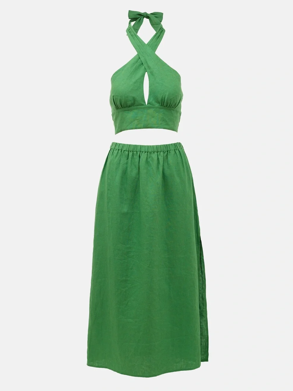 Reformation Kelly Green Linen Tulin Top & Skirt Set, Size 8 Top / Size 4 Skirt